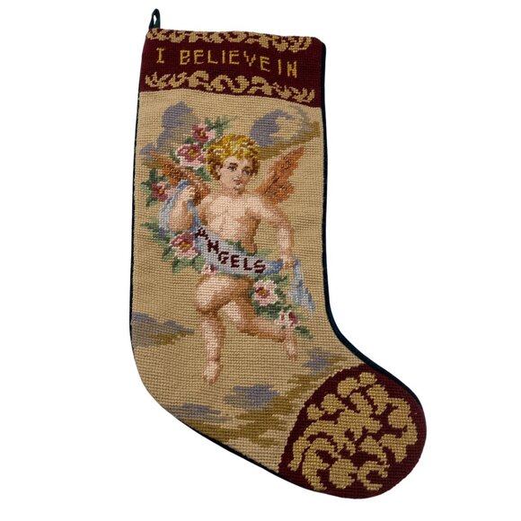 Unknown Other - I believe in Angels wool needlepoint Christmas Stocking velvet back cherub Holid